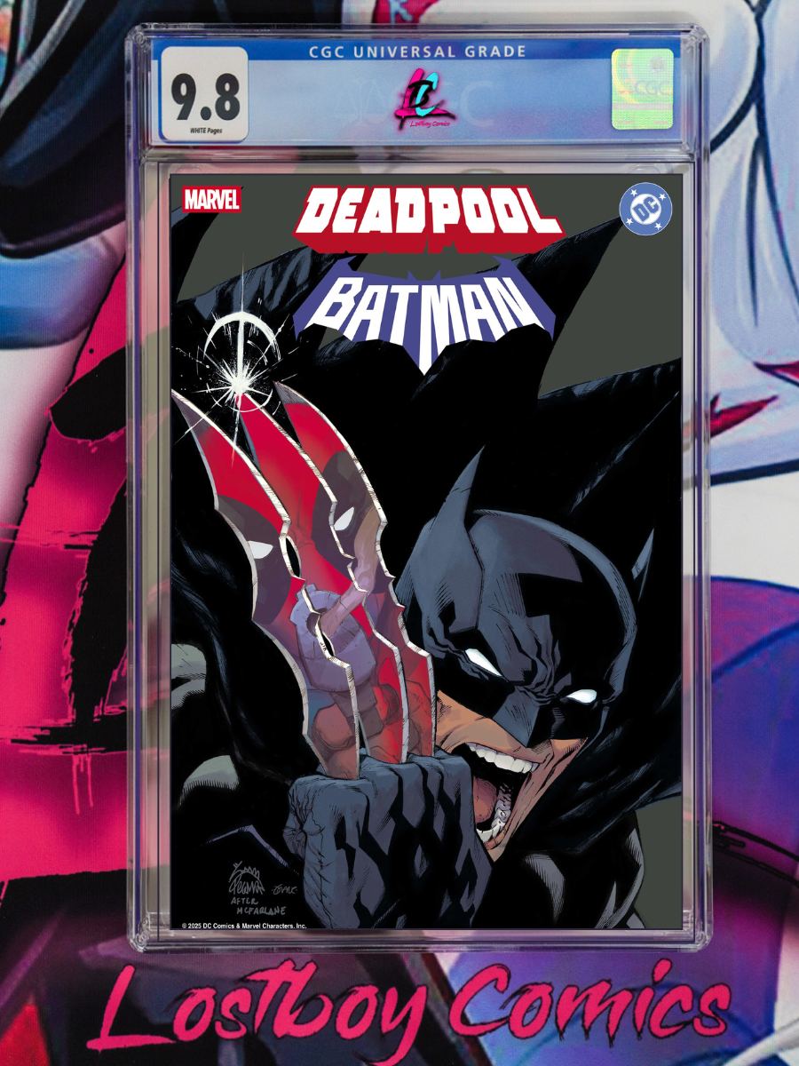 Comic book cover featuring Deadpool and Batman with a CGC grading label on a colorful background.