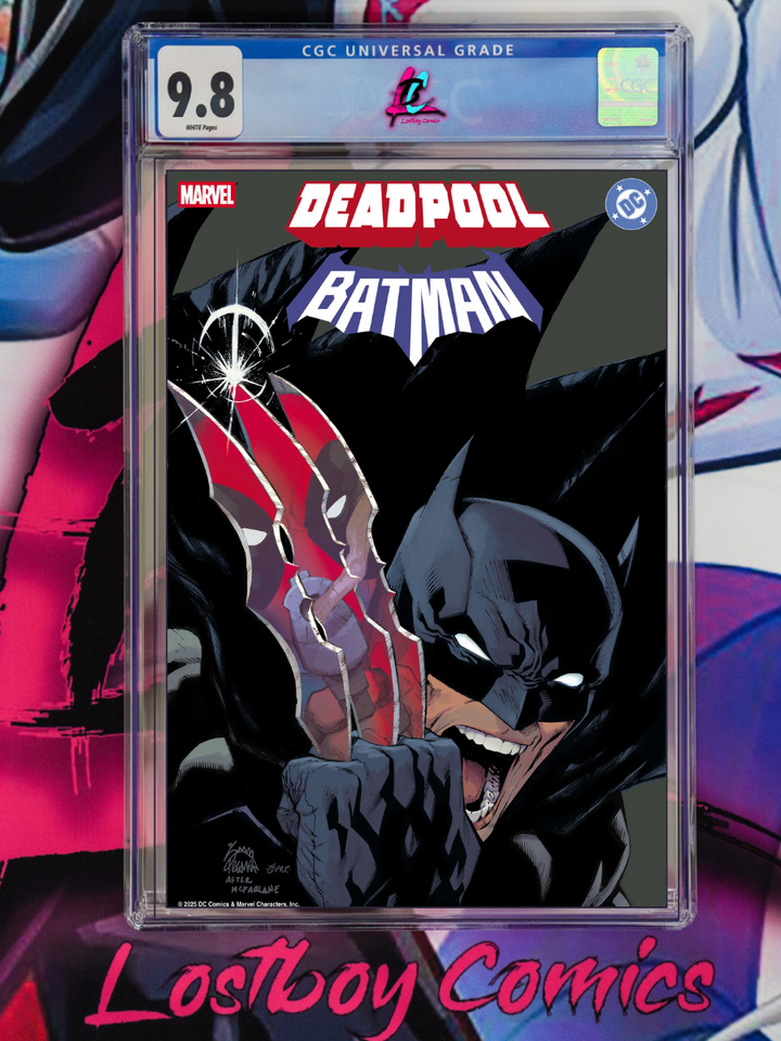 Comic book cover featuring Deadpool and Batman with a CGC grading label on a colorful background.