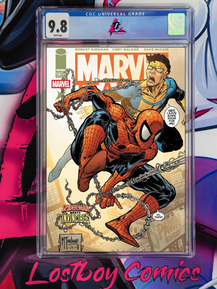 Comic book cover featuring Spider-Man with a CGC grading label on a colorful background.