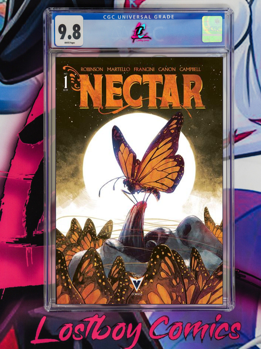 Comic book cover of 'Nectar' with a butterfly illustration, graded 9.8 by CGC, in a Lostboy Comics display case.