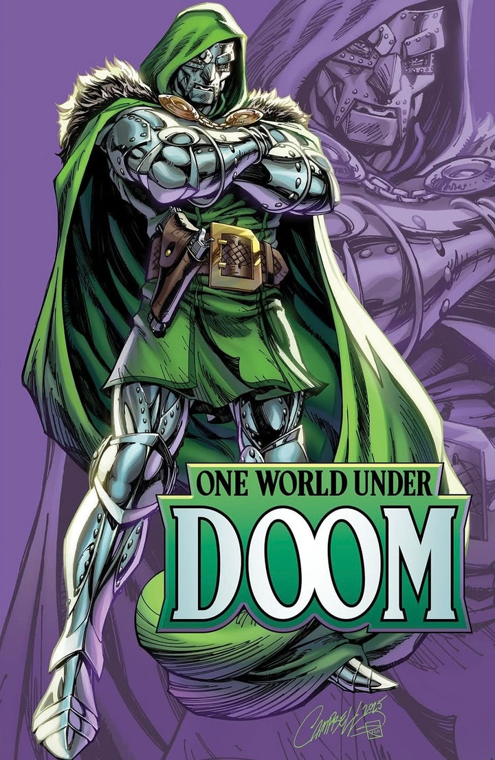 Comic book cover featuring a character in green robes with 'One World Under Doom' text on a purple background