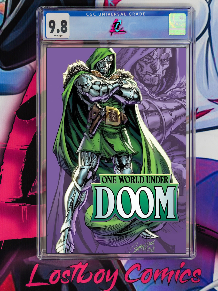 Comic book cover with character in green cape and armor, 'One World Under Doom' text, CGC grading label, and Lostboy Comics branding.