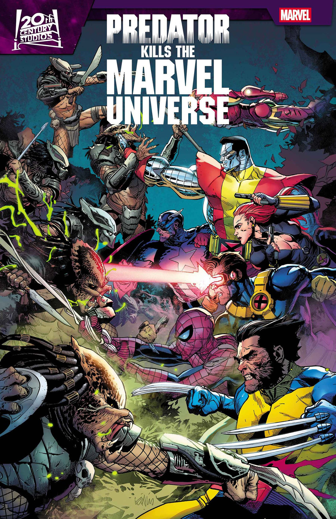 Comic book cover featuring characters from Marvel Universe with Predator, titled 'Predator Kills the Marvel Universe'.