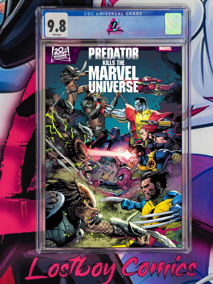 Comic book cover featuring 'Predator Kills the Marvel Universe' with a grading label on a colorful background.