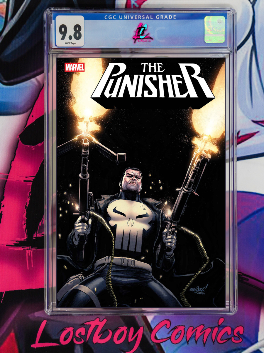 Comic book cover of 'The Punisher' with a grading label on a reflective surface.