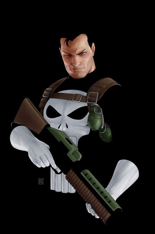 Character holding a gun with a skull emblem on a black background