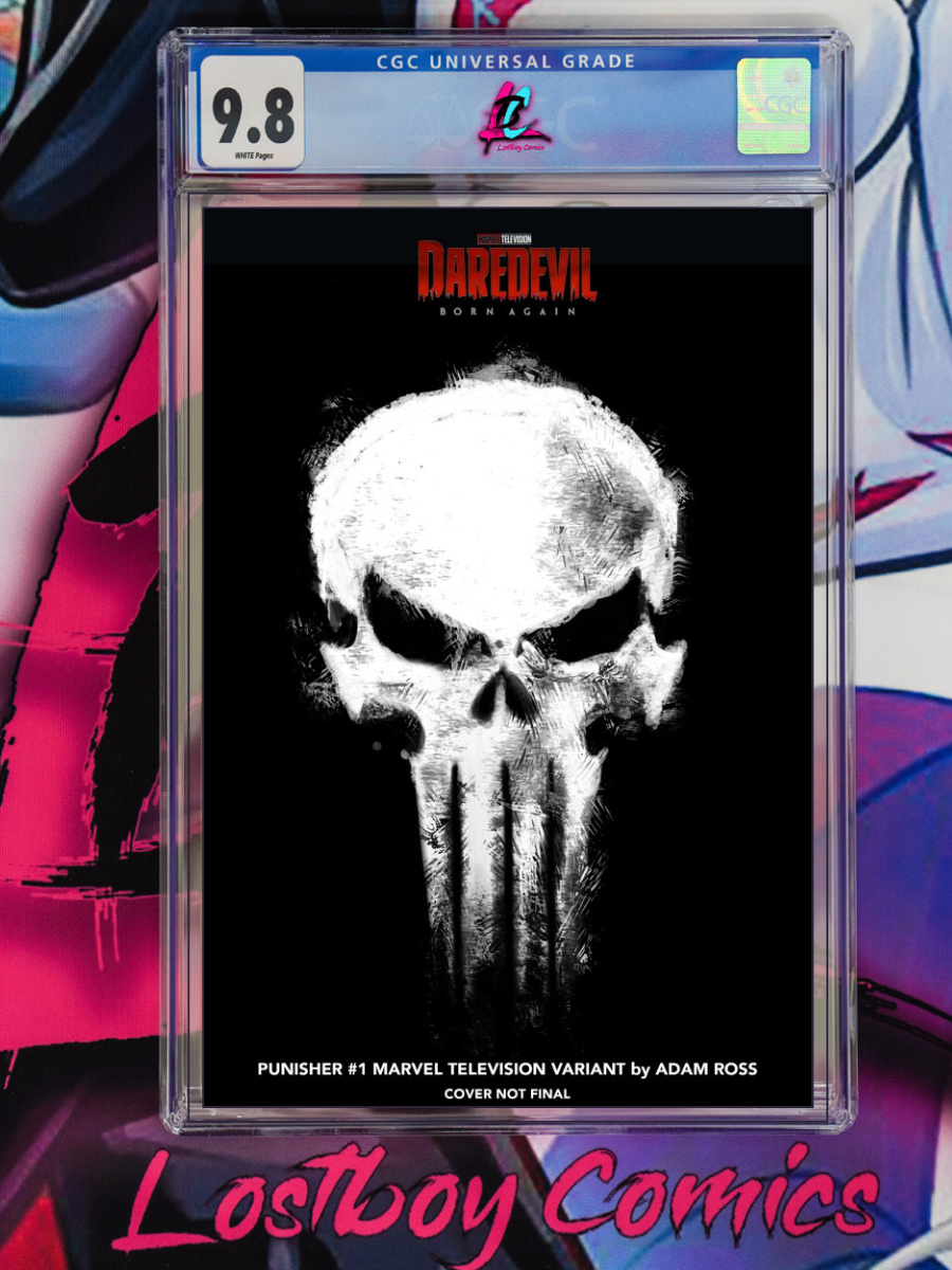 Comic book cover featuring Punisher with 'Daredevil' branding, graded 9.8 by CGC, in a Lostboy Comics display case.