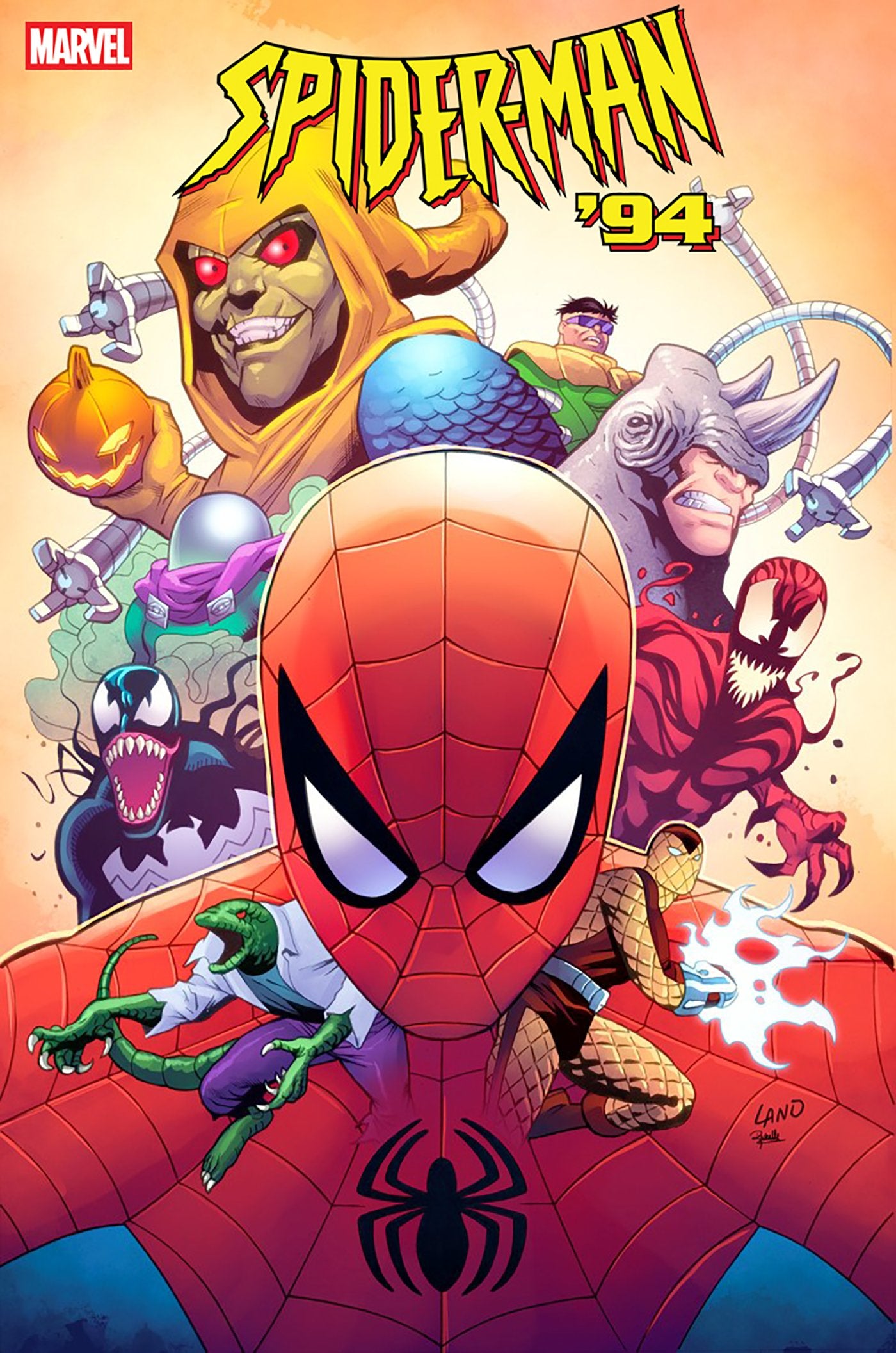 Comic book cover featuring Spider-Man with various villains and characters from Marvel.