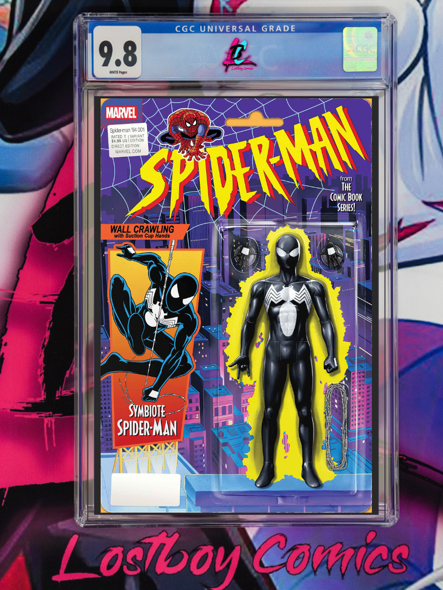 Spider-Man action figure in packaging with comic book cover, graded 9.8 by CGC, on a colorful background.