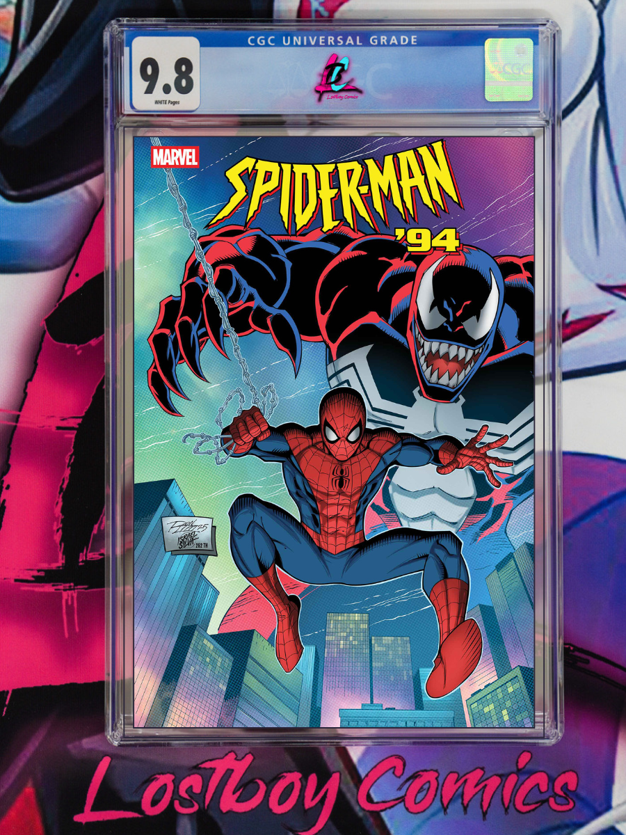 Comic book cover featuring Spider-Man and Venom with a CGC grading label on a colorful background.