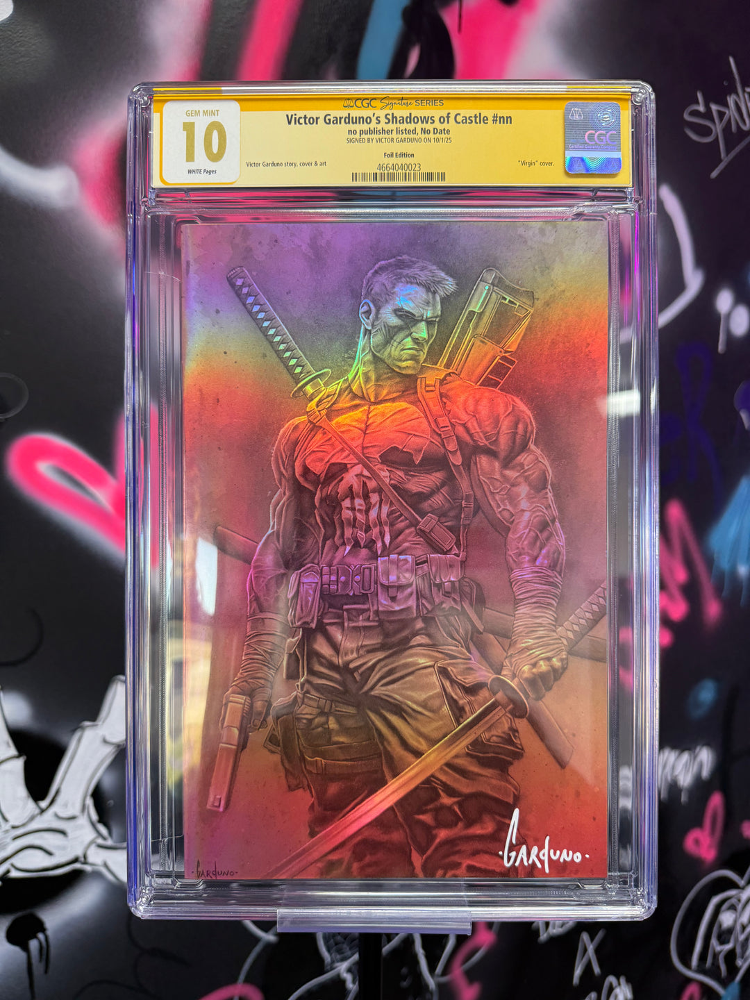 Comic book cover with a character holding weapons, graded with a yellow label on a colorful background.