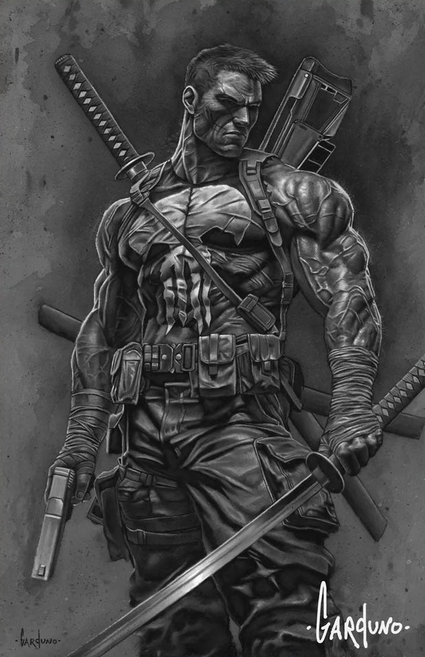 Black and white illustration of a warrior with weapons on a textured background