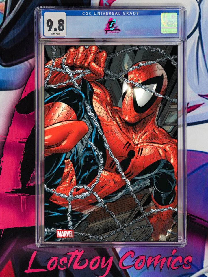 Comic book cover of a superhero in a red suit with a CGC grading label on a colorful background.