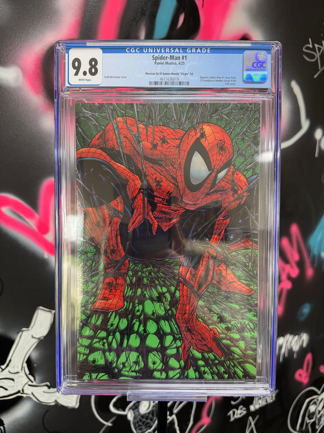 Spider-Man comic book in grading case with colorful background