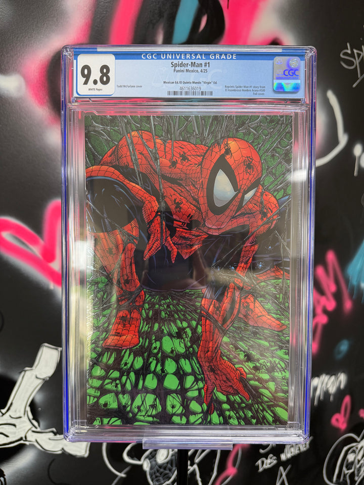 Spider-Man comic book in grading case with colorful background