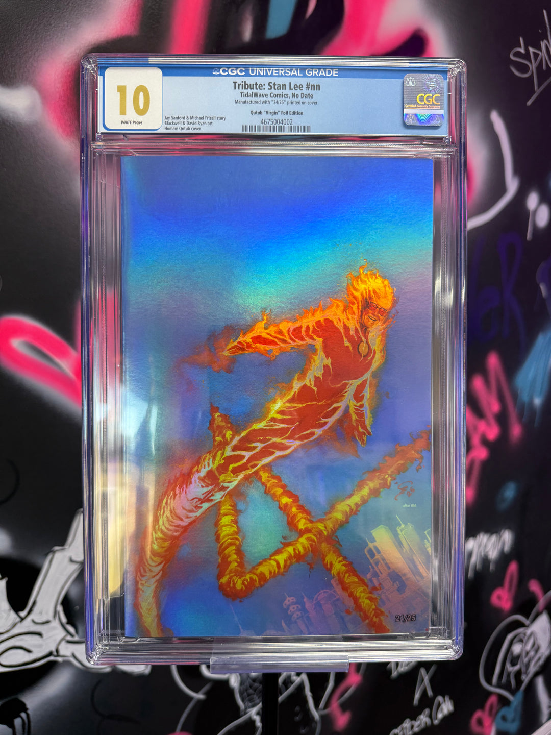 Comic book cover featuring a fiery character in a CGC protective case against a colorful, abstract background.