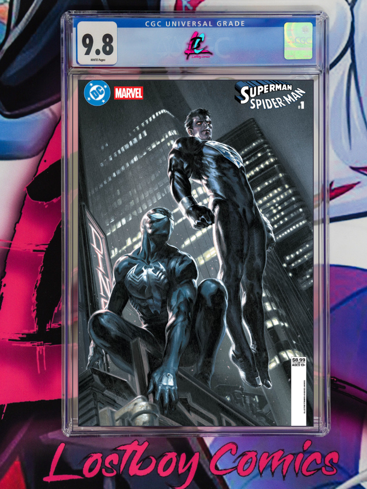 Comic book cover featuring Spider-Man and Superman with a CGC grading label on a colorful background.