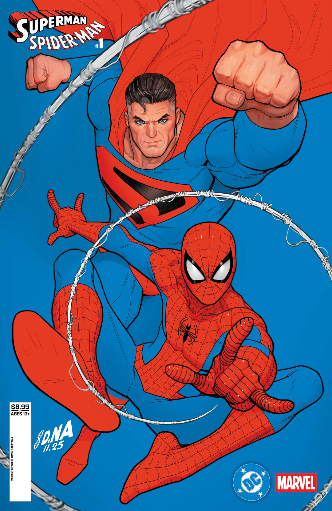 Superman and Spider-Man on a comic book cover with Superman's fist above Spider-Man.