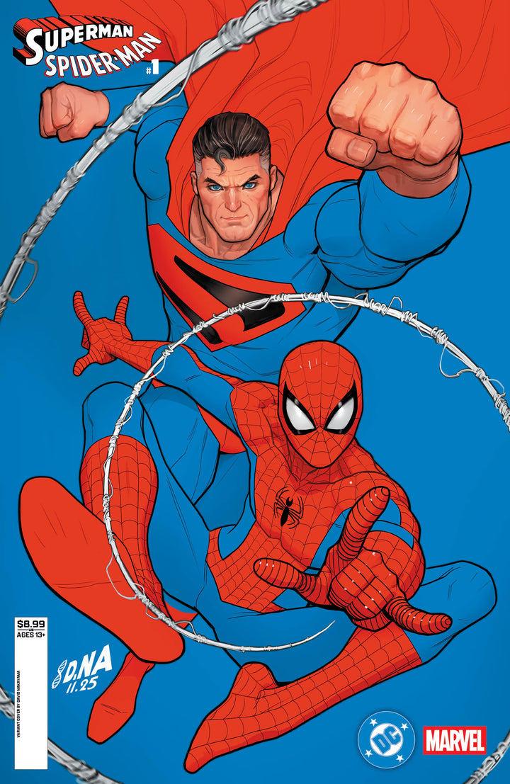 Superman and Spider-Man on a comic book cover with Superman's fist above Spider-Man.