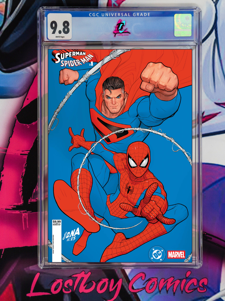 Comic book cover featuring Superman and Spider-Man with a grading label on a colorful background.