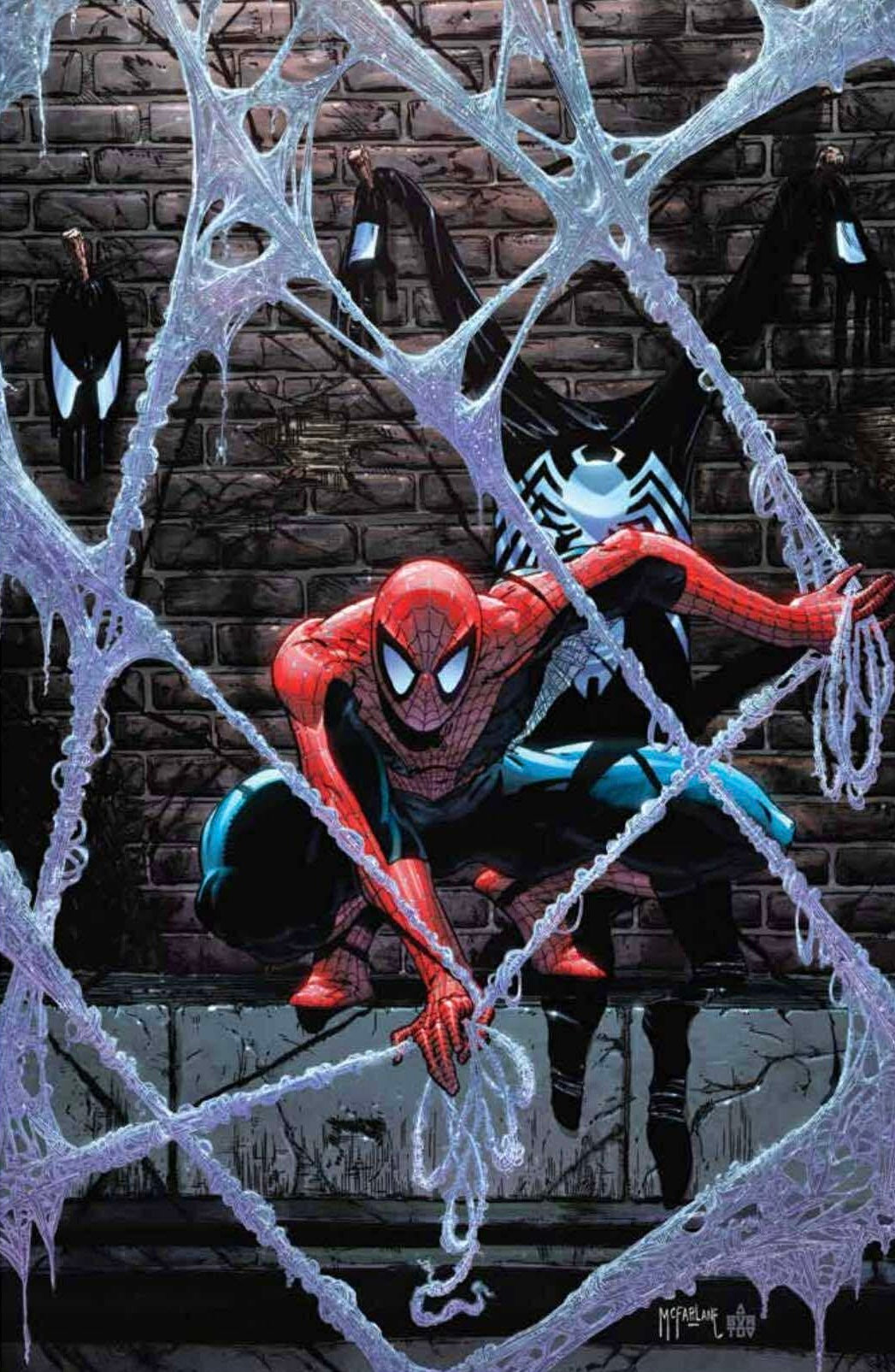 Spider-Man and a Venom suit with a webbed foreground