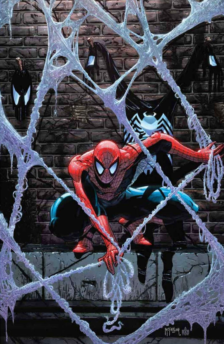 Spider-Man and a Venom suit with a webbed foreground