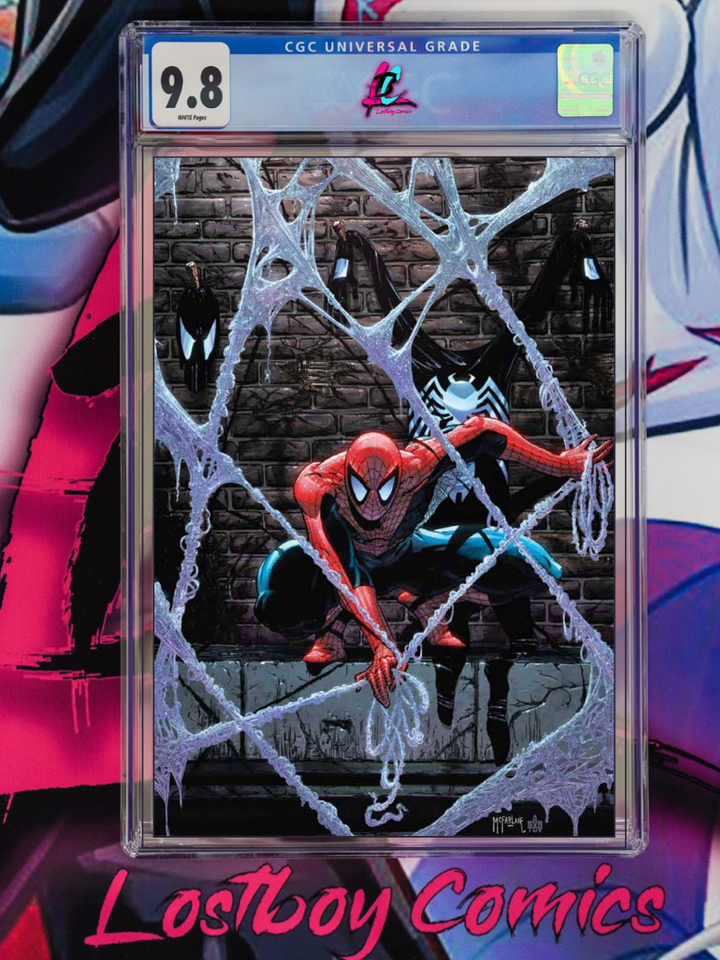 Comic book in a protective case with spider-Man on the cover, graded 9.8 by CGC, against a colorful background.