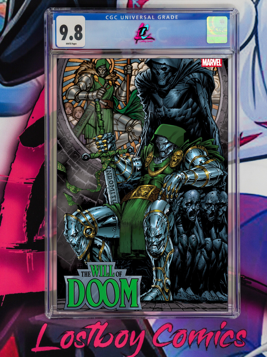 Comic book cover with 'The Will of Doom' featuring a character, graded 9.8 by CGC, with 'Lostboy Comics' branding.