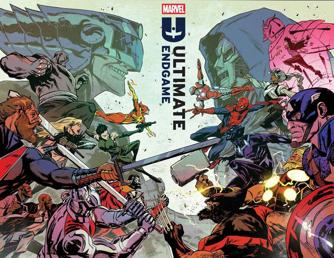 Comic book cover featuring Marvel characters in a battle scene with 'Ultimate Endgame' text.