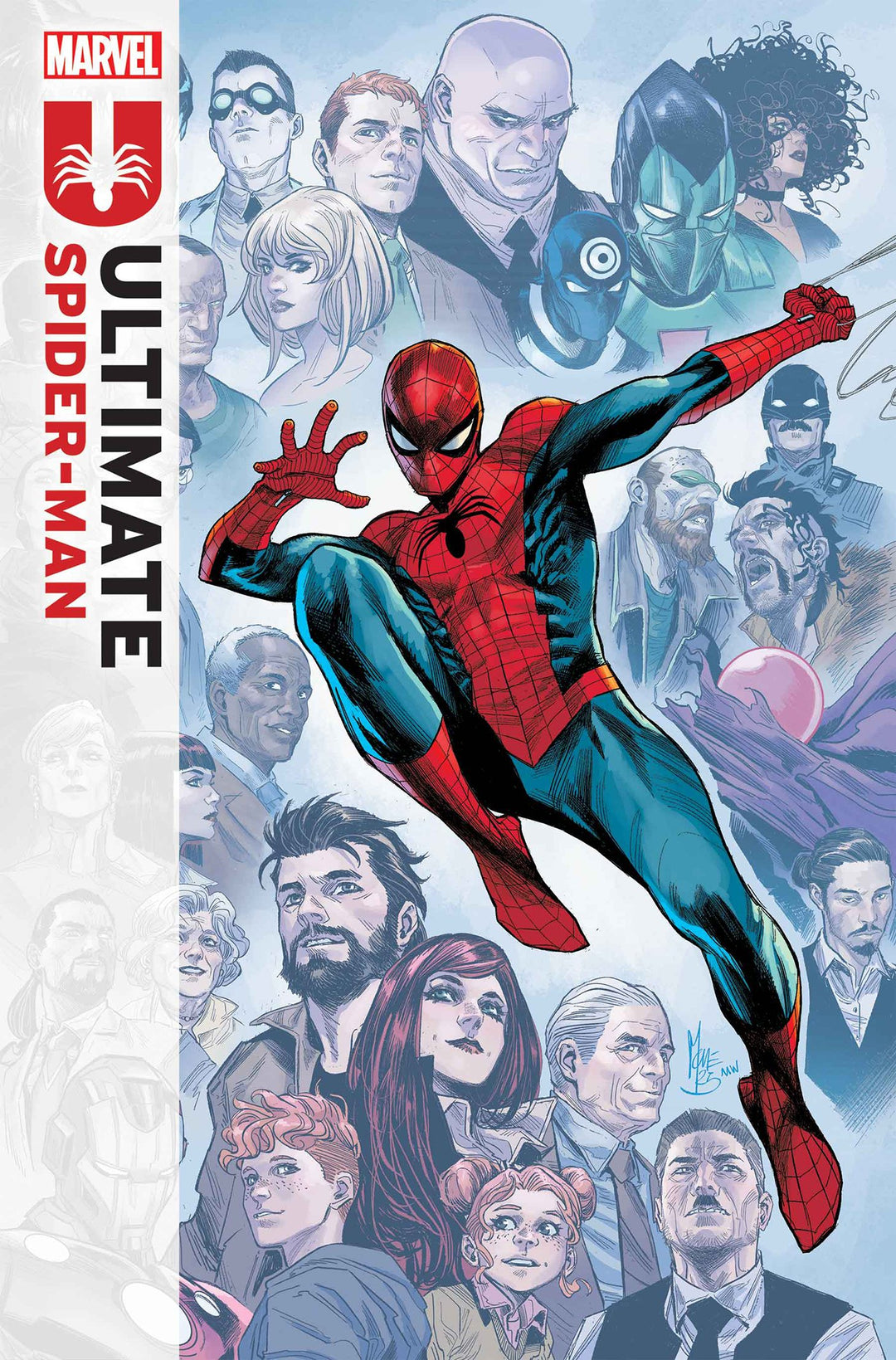Comic book cover featuring Spider-Man with Marvel characters in the background