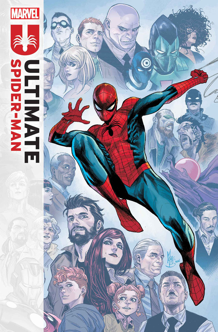 Comic book cover featuring Spider-Man with Marvel characters in the background