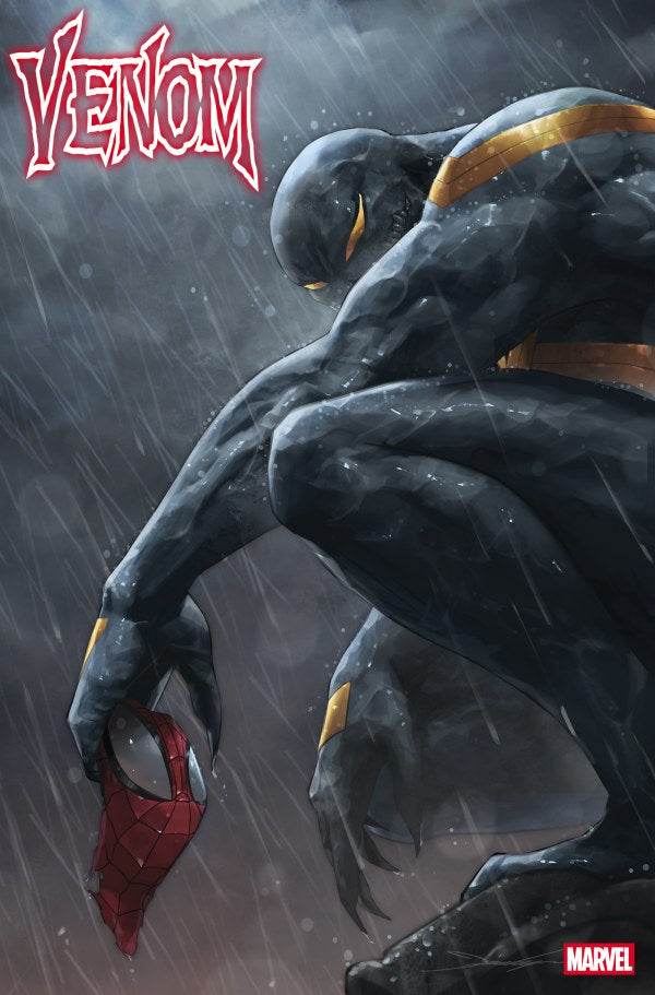 Comic book cover featuring Venom holding a red mask with rain in the background