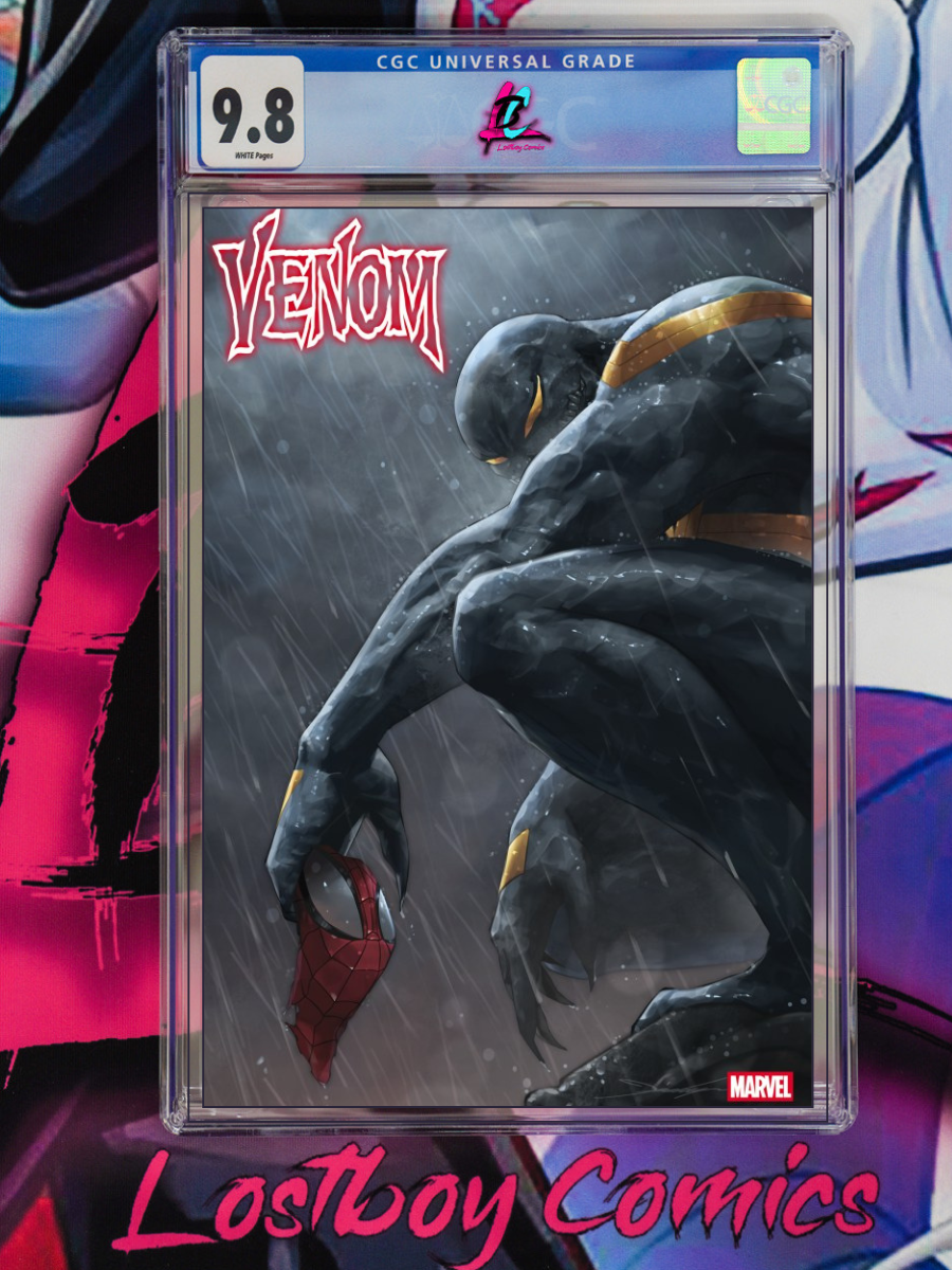 Comic book cover of Venom with a CGC grading label on a colorful background