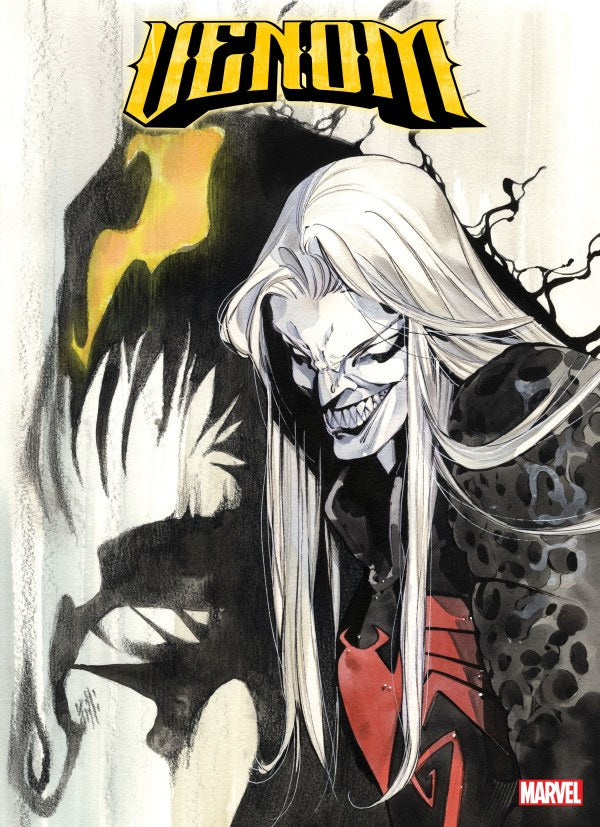 Comic book cover featuring a character with long white hair and red emblem, with 'Venom' and Marvel logos.