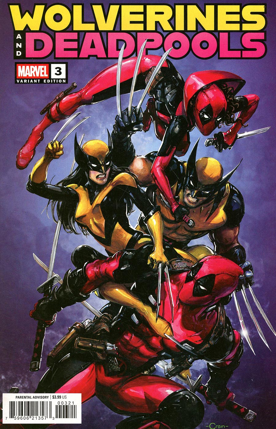 Comic book cover featuring Wolverines and Deadpools with a purple background