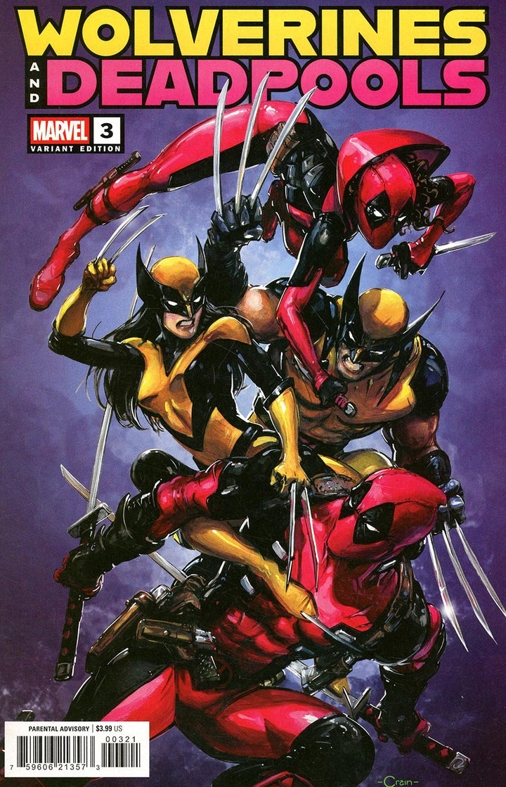Comic book cover featuring Wolverines and Deadpools with a purple background