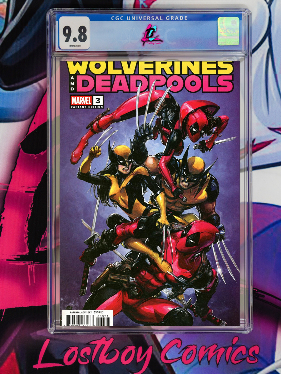 Comic book cover featuring Wolverines and Deadpools with a CGC grading label on a reflective surface.